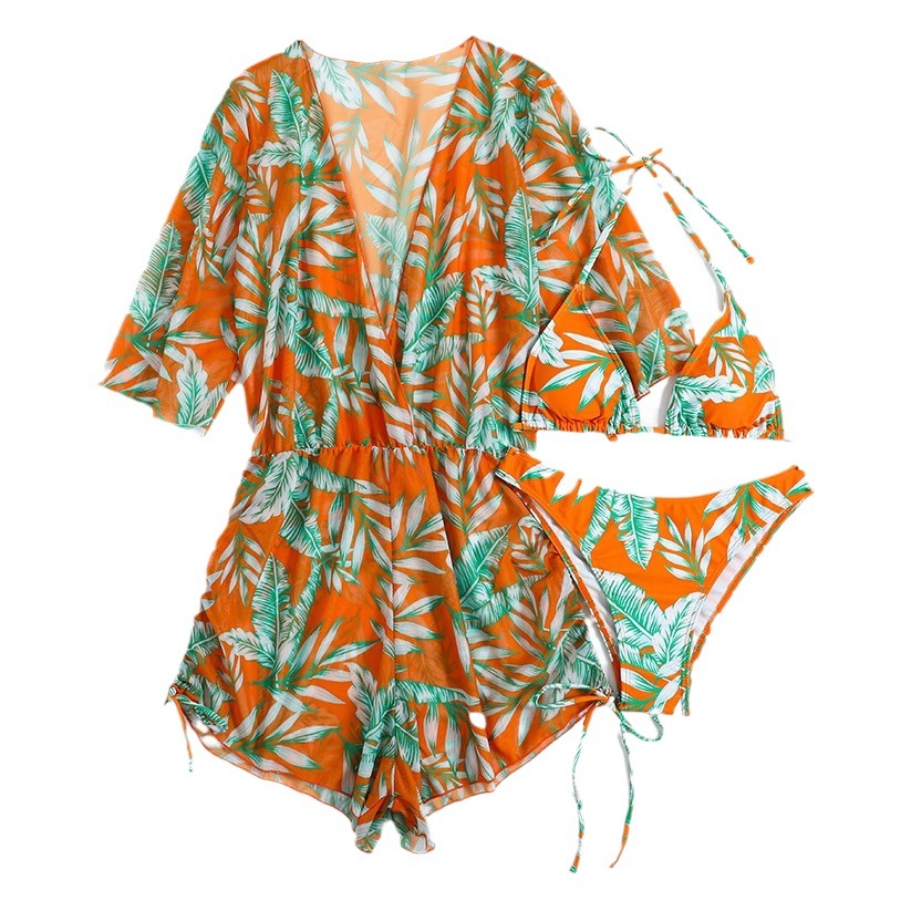 2025 Cross-Border European and American Three-Piece Bikini Set with Leaf Print, Waist-Cinching Tie, Tight-Fitting Long Sleeves, Beach Sun Protection
