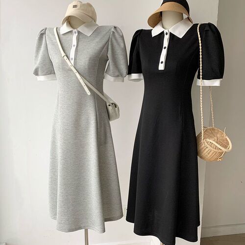 French puff sleeve short-sleeve dress for women, summer, waist-cinching, slimming, stomach covering, POLO collar, long dress