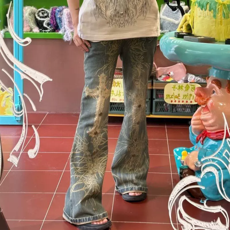 跨境亚马逊复古微喇牛仔裤女y2k做旧潮牌印花长裤子baggy jeans