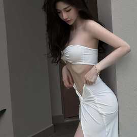 厂家直销性感ins风辣妹抹胸超短上衣+开叉半身裙女分体泳衣bikini