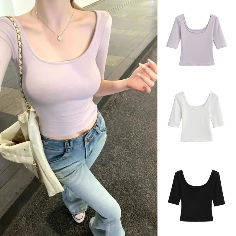 Hot Girl Low U-Neck Tight-Fitting Half-Sleeve Women's T-Shirt, New Summer Style, Slim Fit, Pure Desire, Sexy Base Shirt, Trendy Top Hot Girl Low U-Neck Tight-Fitting Half-Sleeve Women's T-Shirt, New Summer Style, Slim Fit, Pure Desire, Sexy Base Shirt, Trendy Top