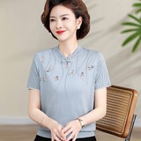 中老年女装夏季冰丝针织短袖风复古旗袍领妈妈装宽松提花上衣，女装针织衫/毛衣，妃慕昵服饰