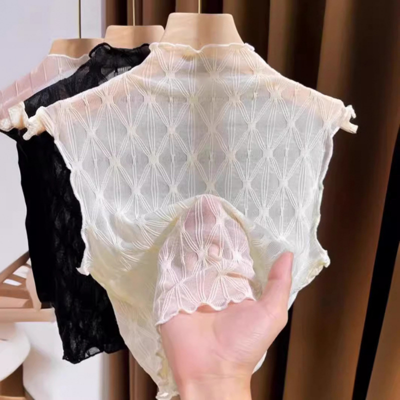 Half Turtleneck Lace Versatile Spring and Summer New Sweater with Mesh Top Sleeveless Vest Thin Gauze