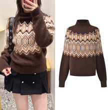 2025秋冬新款撞色几何图案提花时尚通勤百搭保暖高领针织衫毛衣