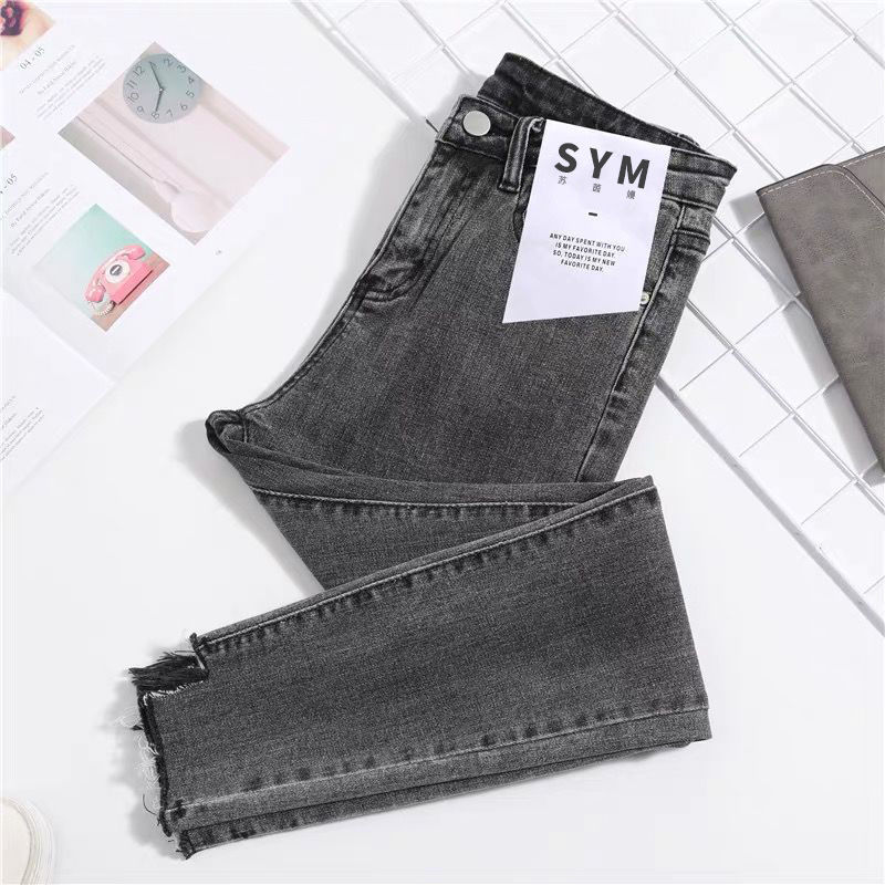 Jeans Women's High Waist And Thin All-match Small Light Color Nine Points Small Feet Tight Elastic Pencil Black Pants Women