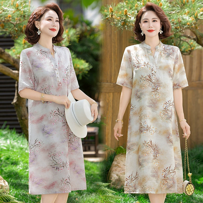 Мама платье 2025 летнее платье новый стиль иностранные женщины среднего и пожилого возраста летнее улучшение cheongsam темпераментная юбка женщина