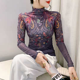 女装2023秋冬时尚长袖高领网纱t恤女定位花上衣一件起批代发包邮