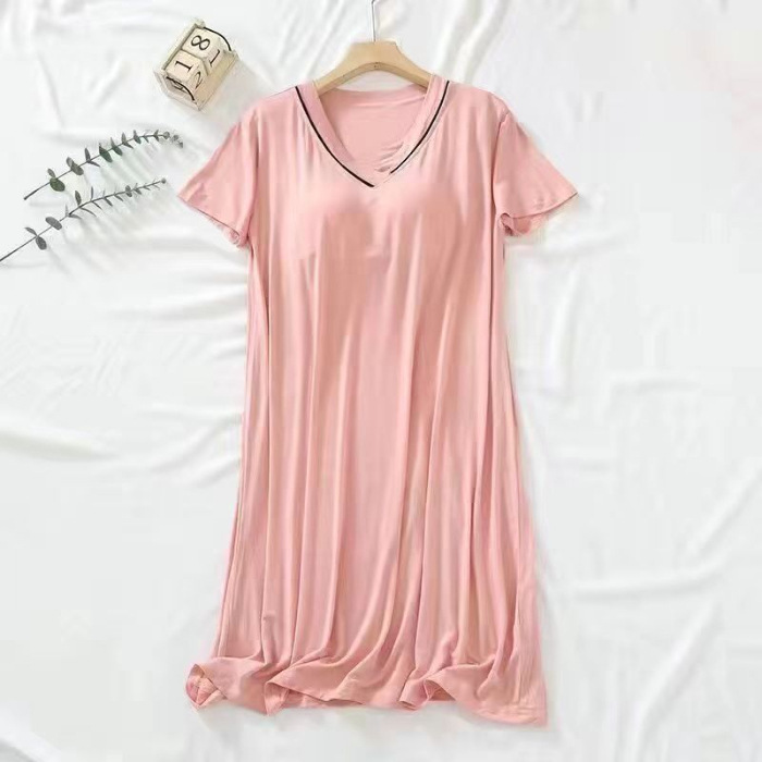 2025 verano vestido de dormir de mangas cortas mujer cojín de pecho de cuello en V delgado color sólido simple y suelto se puede usar ropa de hogar de tamaño grande