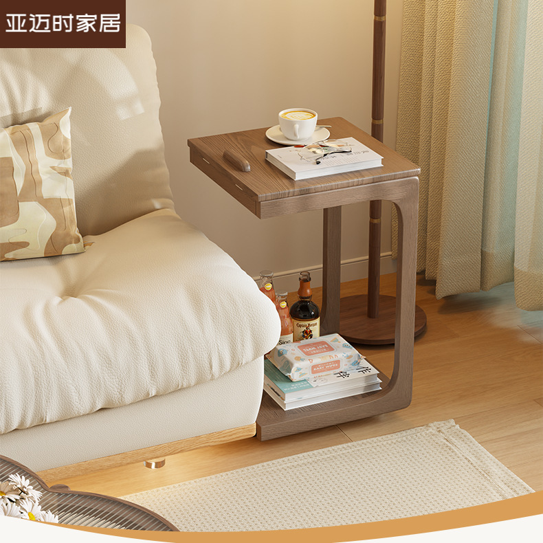 Movable Solid Wood C-Shaped Corner Table, Sofa Side Table, Flip-Top Bedside Table, Living Room Wheeled Side Cabinet, Small Table Dropshipping