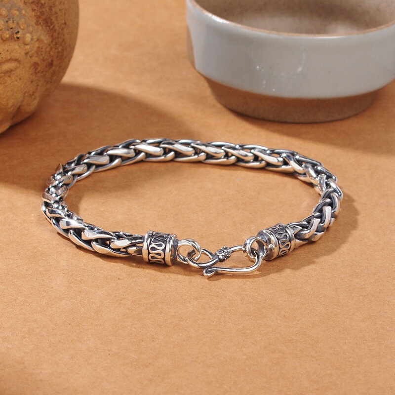 S925 Sterling Silver Bracelet for Men, Retro Fashion Thai Silver Bracelet, Trendy Handmade Woven Bold Punk Thick Silver Bracelet for Women