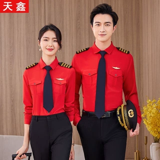 ktv酒吧夜场红色衬衫制服发型师衬衣长短袖物业售楼安保工装