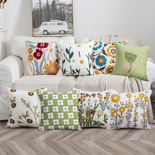 New Towel Embroidered Pillow Flower Embroidered Pillow Case Ins Style Canvas Sofa Bedside Pillow Office Cushion