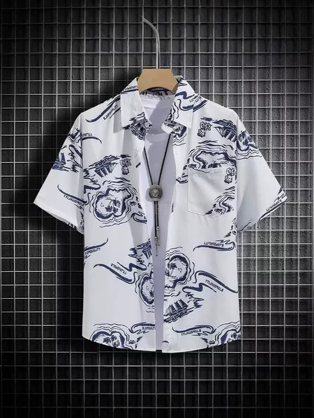 Cross-border 2025 New Short-sleeved Shirt Men's Ice Silk Breathable Summer Korean-style Trendy Printed Shirt Half-sleeve Shirt