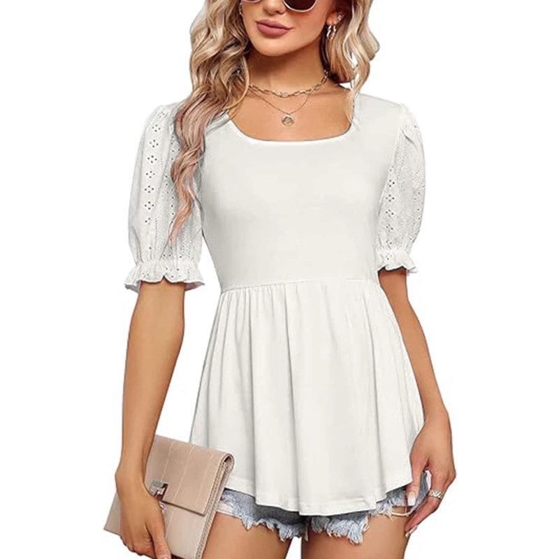 Women's Puff-Sleeved Ruffled Waist-Cinching Top, Casual Square-Neck Flowy Shirt, Floral Print Lace, European and American Style
