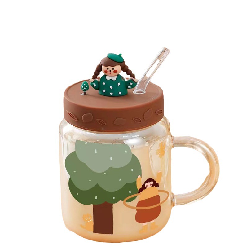 Creativo lindo niña muñeca vidrio con tapa de paja taza de agua de alto aspecto de jugo de leche taza del hogar