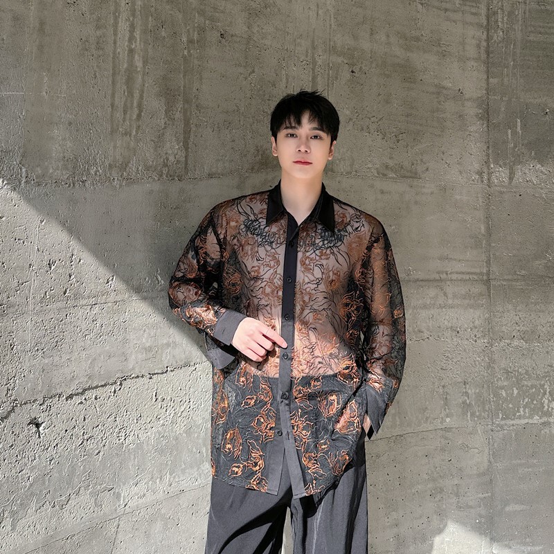 Fashionable transparent mesh lace embroidered jacquard long-sleeved thin shirt men's micro-perspective shirt sun protection coat blouse