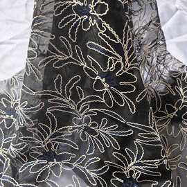 2026网纱刺绣面料 立体枝叶双色绣花 女装童装汉服礼服面料