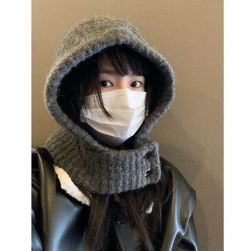 Korean INS style beanie women children's winter hat, knitted warm hat with scarf, one-piece neck protection anti-cold hat for students