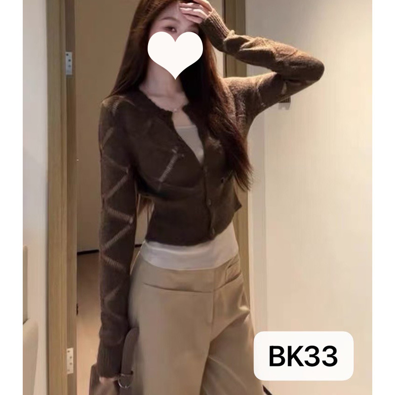 美拉德咖色镂空针织开衫女早秋新款设计感修身叠穿长袖短外套上衣|undefined