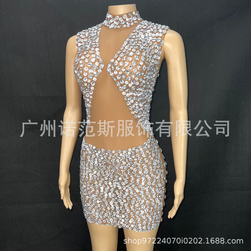 2024 Shiny Diamond Translucent Mini Plus Size Women's Skirt Sleeveless Dress Party