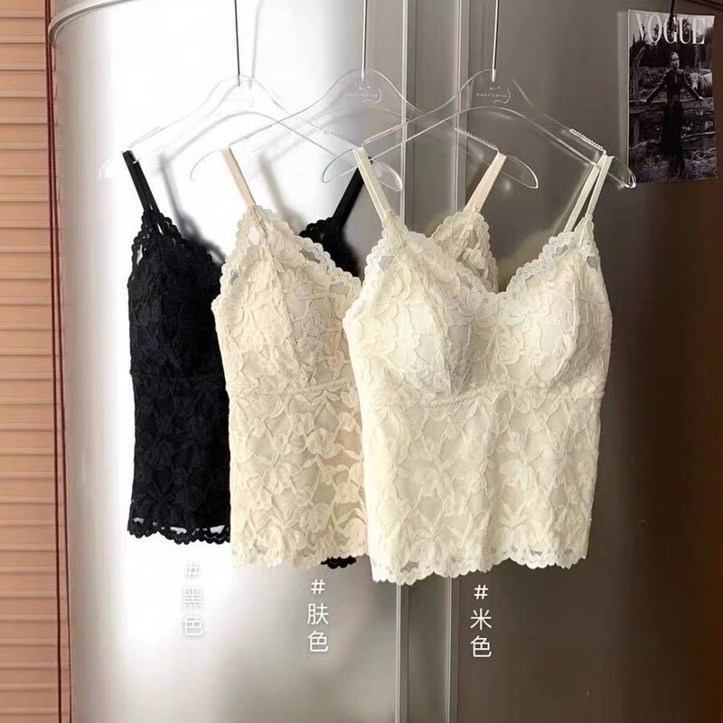 Spring and Summer New French Lace V-Neck Tank Top with Fixed Cups, Sexy Slim-Fit, Flattering Back Design, and Straps
