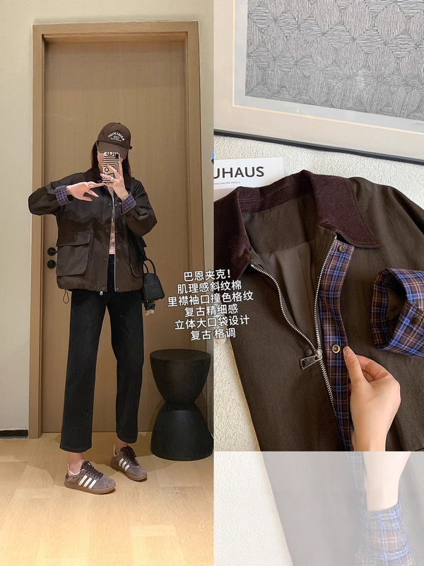 巴恩夹克！早秋水洗棉撞色格纹短外套灯芯绒翻领宽松上衣G082806|undefined