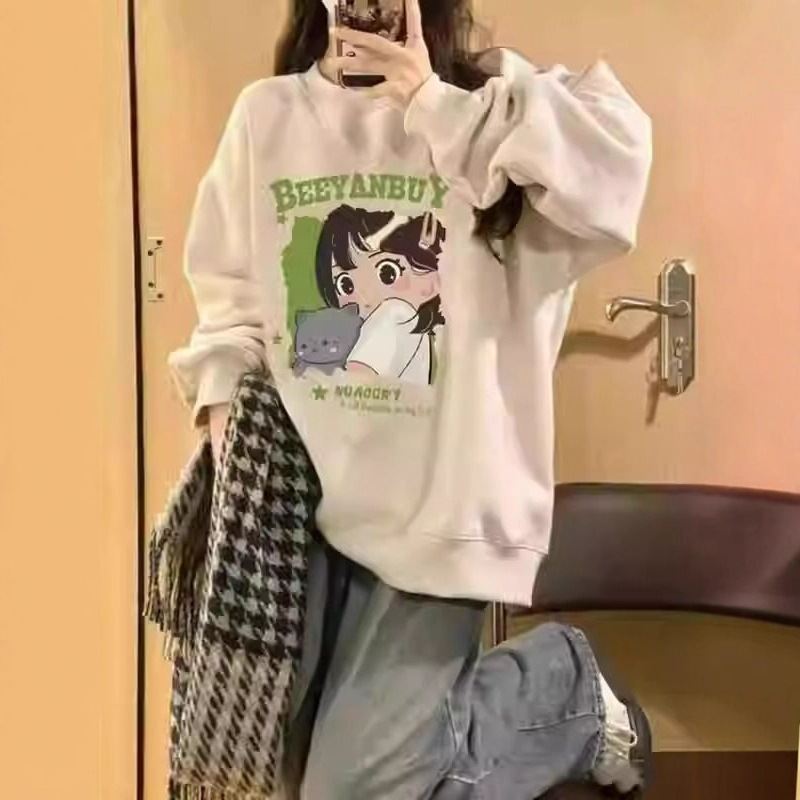 日系卡通印花卫衣女春秋冬宽松oversize慵懒风设计感薄款上衣外套|undefined