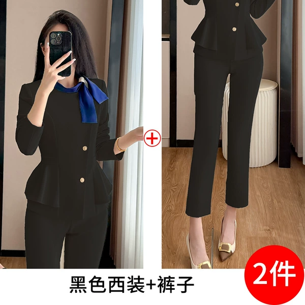 Black long-sleeve, classic suit jacket, trousers