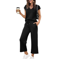 Amazon ヨーロッパとアメリカのクロスボーダー婦人服 2025 ルーズバットスリーブスーツ V ネックベストトップパンツカジュアル 2 点