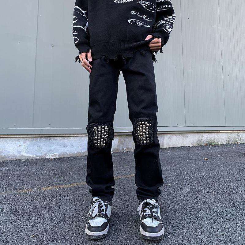 2025 Spring And Autumn Versatile Fashion Black Distressed Design Jeans Washed Wear-resistant Youth Long Pants Men's Cool_mkmklike.com