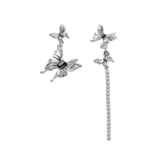 Liquid Butterfly Asymmetric 925 Silver Earrings for Women, Wholesale, European and American Cross-border, Personalized, Versatile, Tassel Earrings
