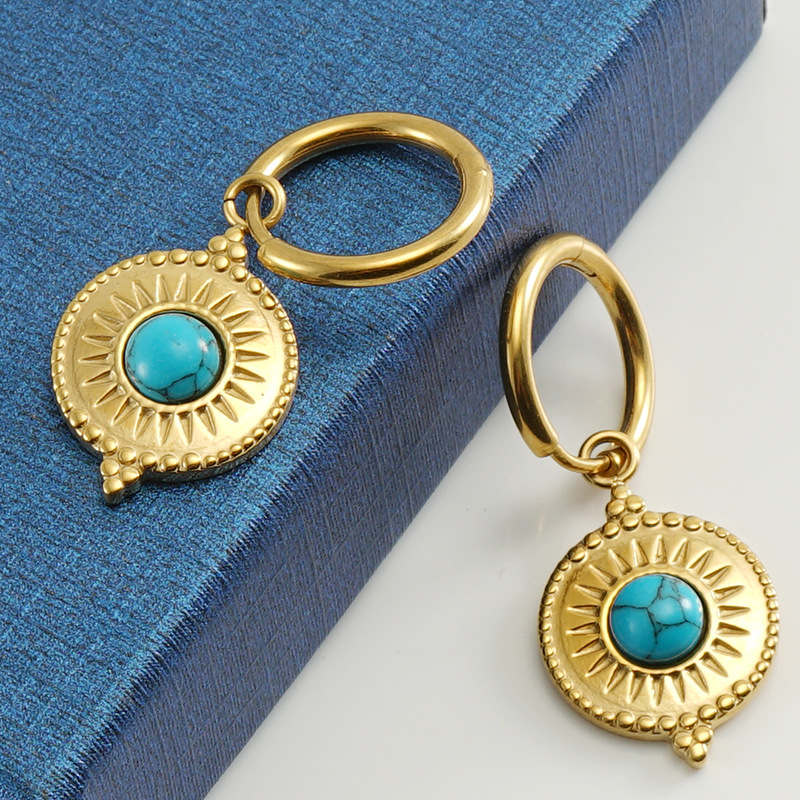 1 Pair Classic Style Flower Plating Inlay 304 Stainless Steel Turquoise 18K Gold Plated Drop Earrings display picture 3