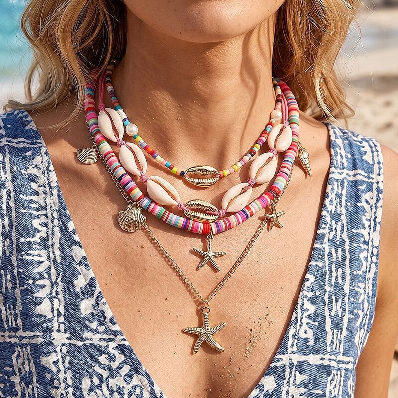 Cross-Border New Product Seed Bead Soft Clay Jewelry Necklace Ocean Beach Shell Starfish Necklace Vintage Vacation Layered Necklace Cross-Border New Product Seed Bead Soft Clay Jewelry Necklace Ocean Beach Shell Starfish Necklace Vintage Vacation Layered Necklace