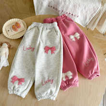 跨境女小童蝴蝶结加绒卫裤秋冬款女宝宝休闲加厚裤冬装小女孩长裤