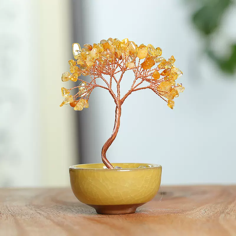 天然水晶发财树茶盏底座水晶聚宝盆家居工艺品树摆件厂家电视柜