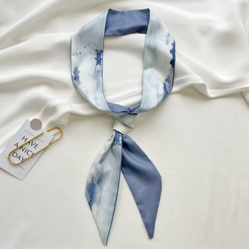 Bufanda larga de seda para mujer 2025 nuevo estilo coreano de alta gama verde verano delgada bufanda de seda lazo para el cabello diadema de bufanda de seda.