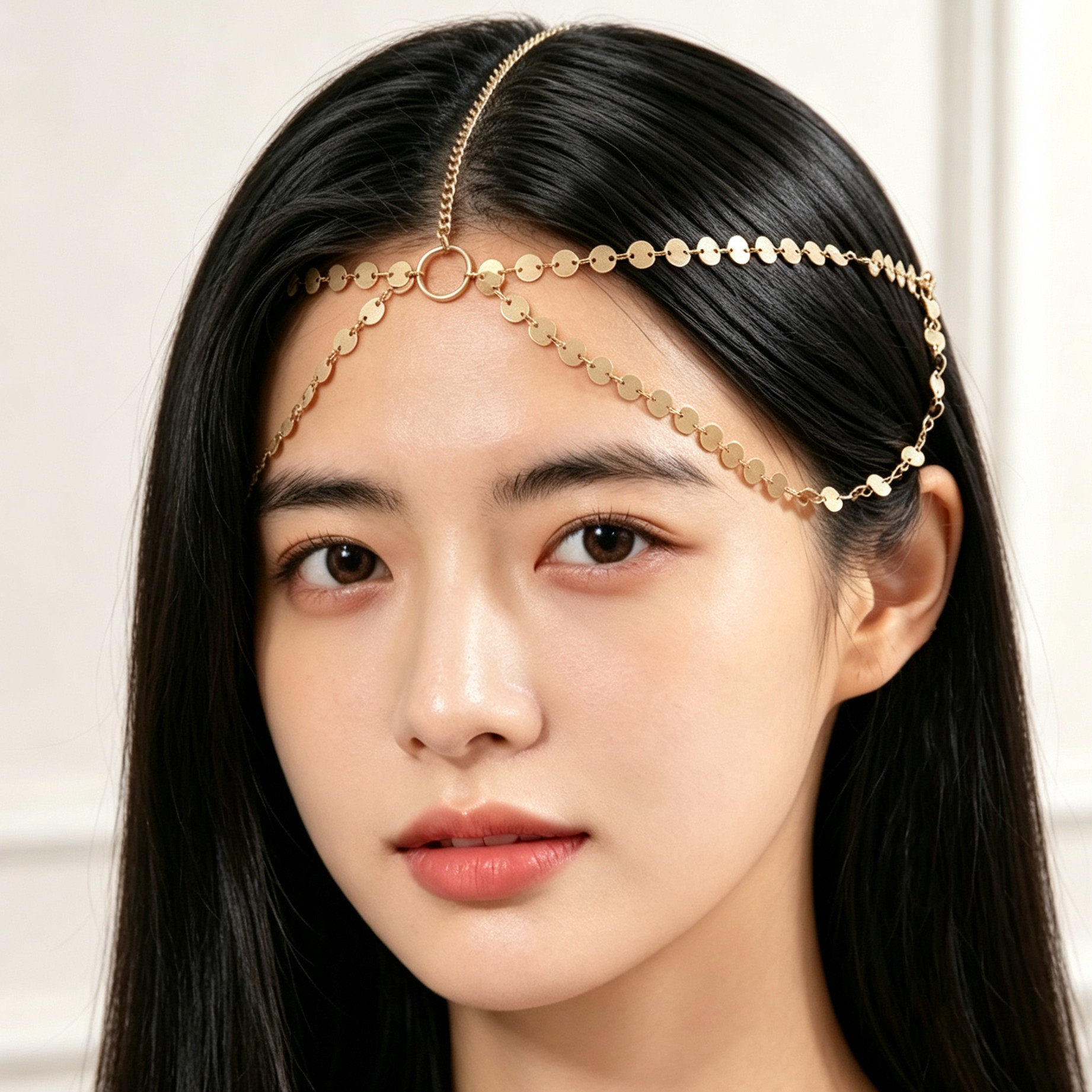 European and American cross-border accessories: Fashionable round pendant with tassels and pearls, head chain for women, simple sequin chain forehead ornament, hair chain