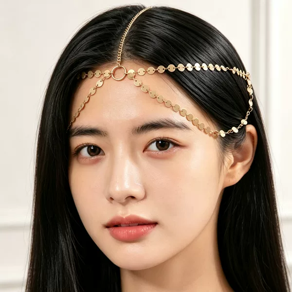 European and American cross-border accessories: Fashionable round pendant with tassels and pearls, head chain for women, simple sequin chain forehead ornament, hair chain