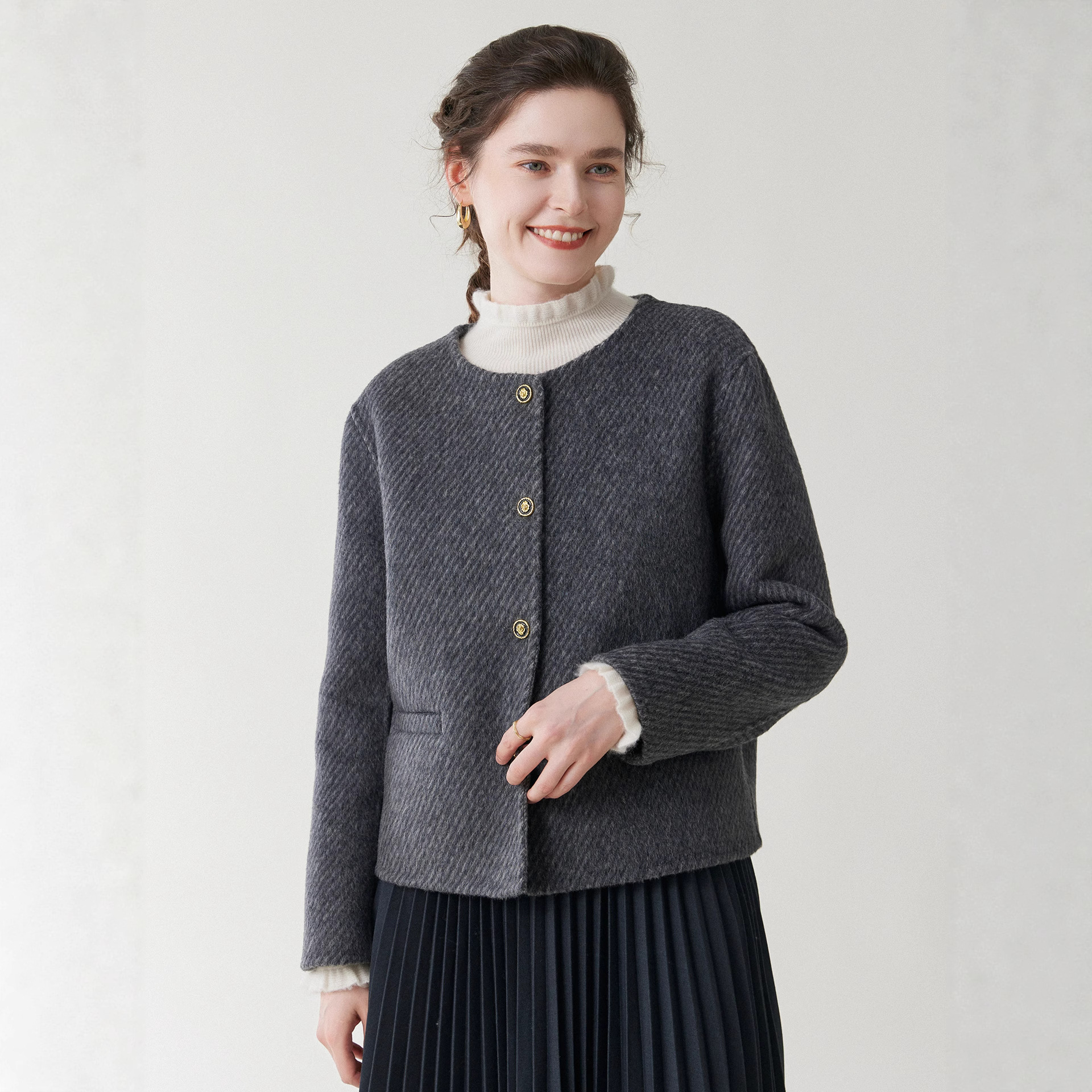 Double-Sided Woolen Outwear Women's Pure Color 2025 New Autumn and Winter Cocoon-Shaped Loose Round Neck Pure Wool Knitted Woolen Outwear