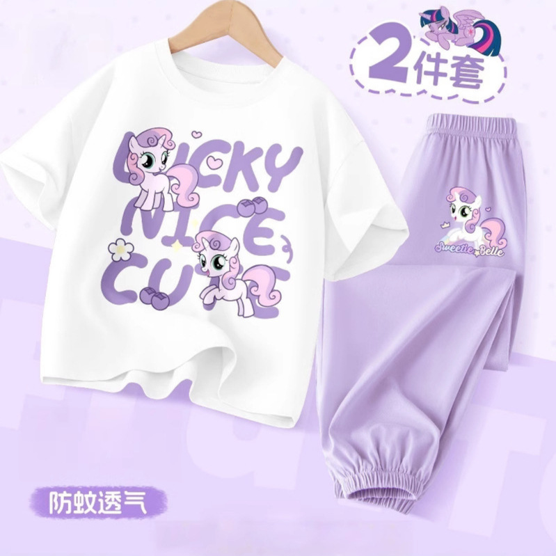 Girls' Summer Short-Sleeve Pants Set 2025 New Style, Medium and Large Children's Pure Cotton Top, Thin Ice Silk Pants Two-Piece Set