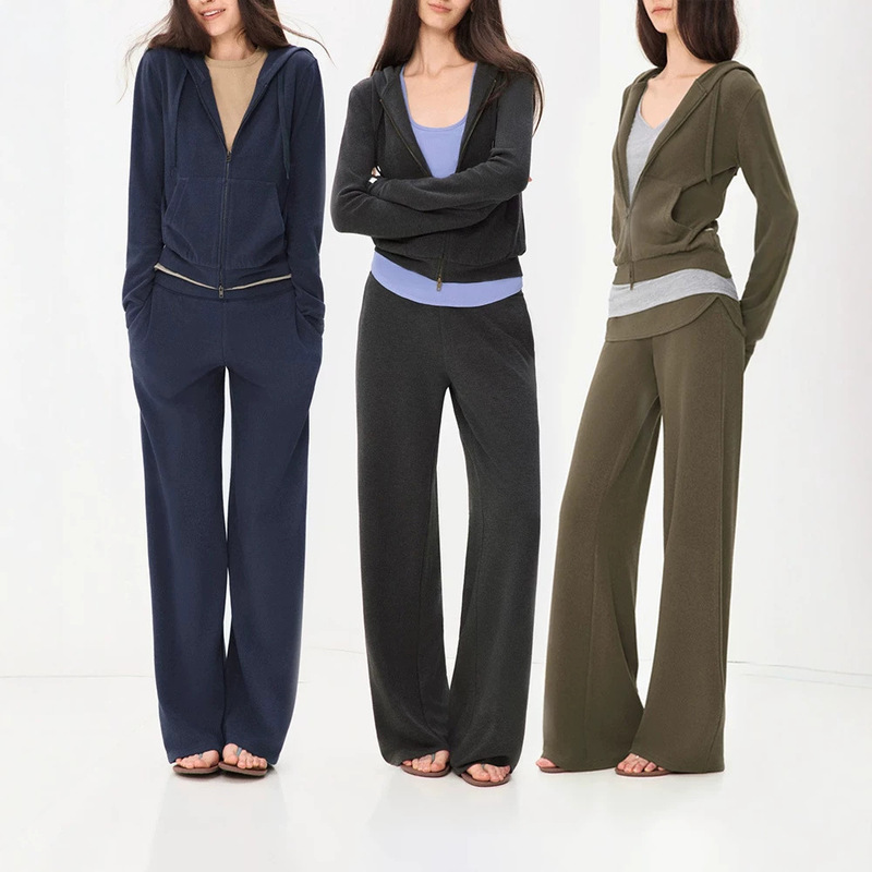 In-Stock American-Style High-End Zip-Up Hooded Short Sweatshirt Jacket, Soft Retro Straight-Leg Sweatpants Casual Long Pants Set