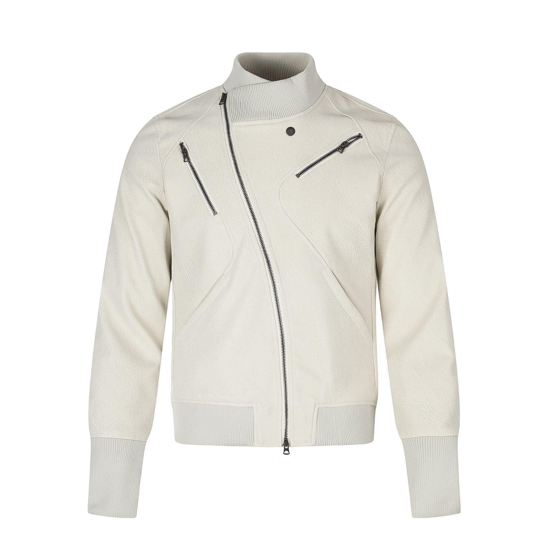11KN American-style straight-shoulder leather jacket for men and women, slim fit, stand-up collar, diagonal zipper, irregular design, cropped top