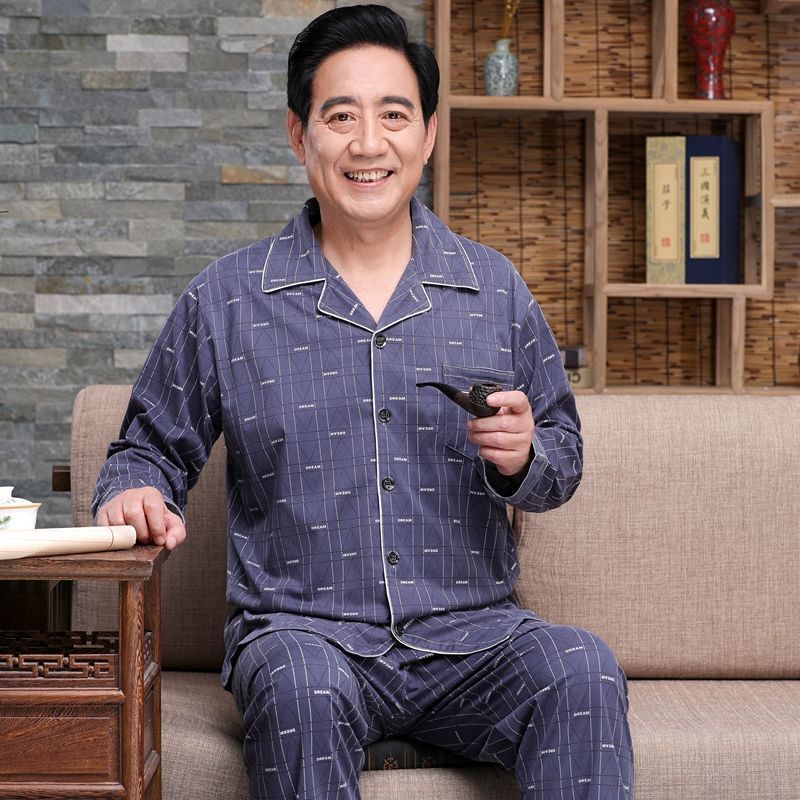 Pijamas de mediana edad y ancianos hombres 100% algodón primavera y otoño manga larga otoño e invierno más tamaño viejo papá traje de uso doméstico