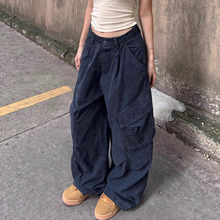 美式复古宽松直筒多口袋工装裤女秋冬季休闲阔腿拖地爵士街舞长裤