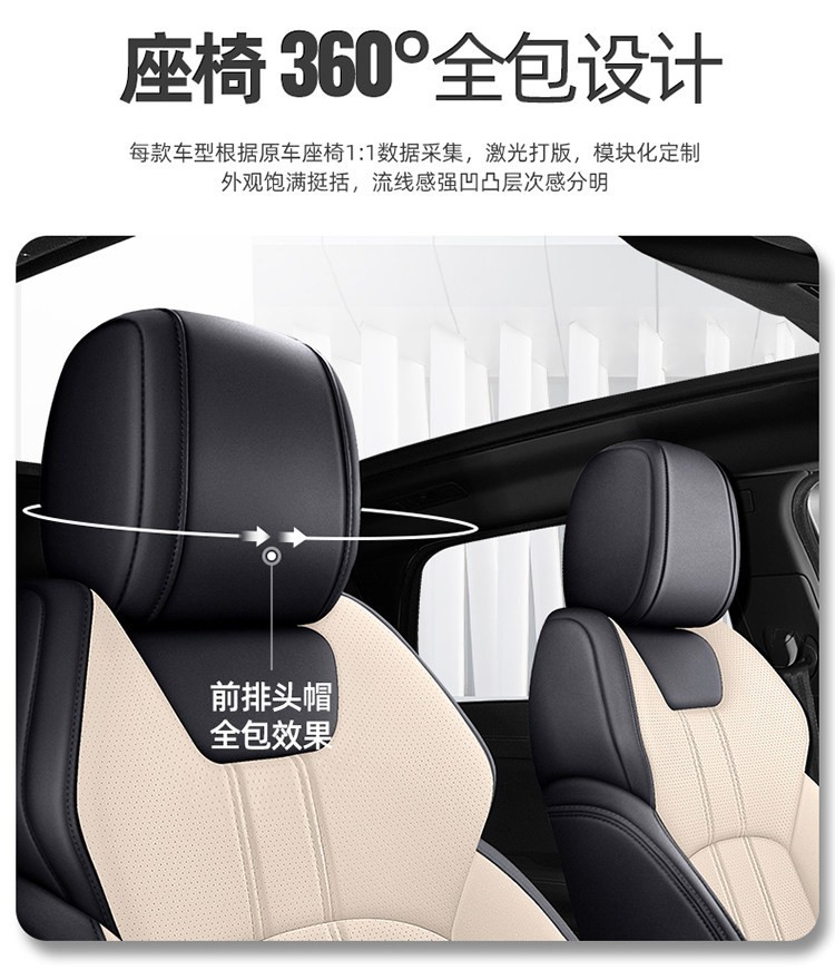 Custom-fit car seat covers, suitable for all seasons, with a full wrap-around design, 360-degree coverage, perforated leather for breathability, and designed specifically for your car model