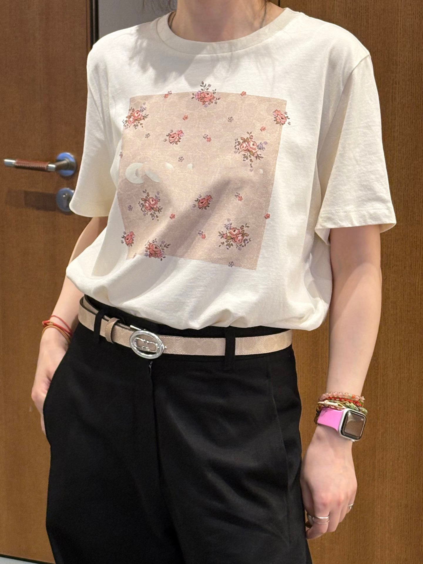蔻家方块碎花T恤2026s新款纯棉休闲圆领宽松潮流时尚百搭短袖女士