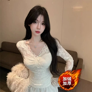 秋冬加绒加厚纯欲风小衫V领蕾丝衫女长袖修身显瘦内搭打底上衣