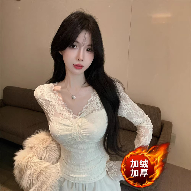Autumn and Winter Fleece-Lined Thickened Pure Desire Style V-Neck Lace Blouse for Women, Long-Sleeved Slim-Fit Slimming Base Layer Top
