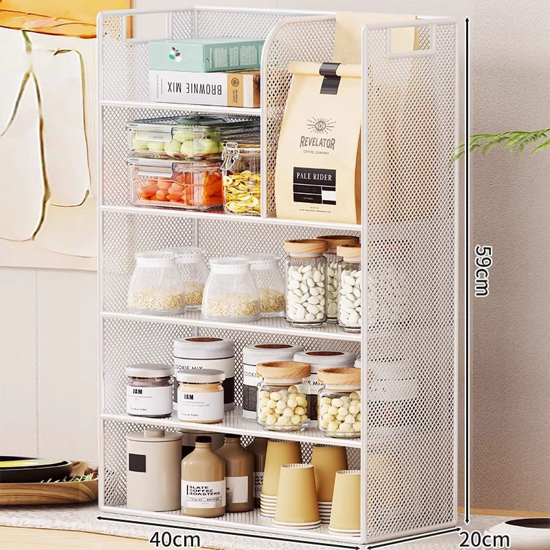 Desktop Storage Rack, Multi-Layer Mesh Frame with Oak/Teak Shelves, 2–5 Tier Options