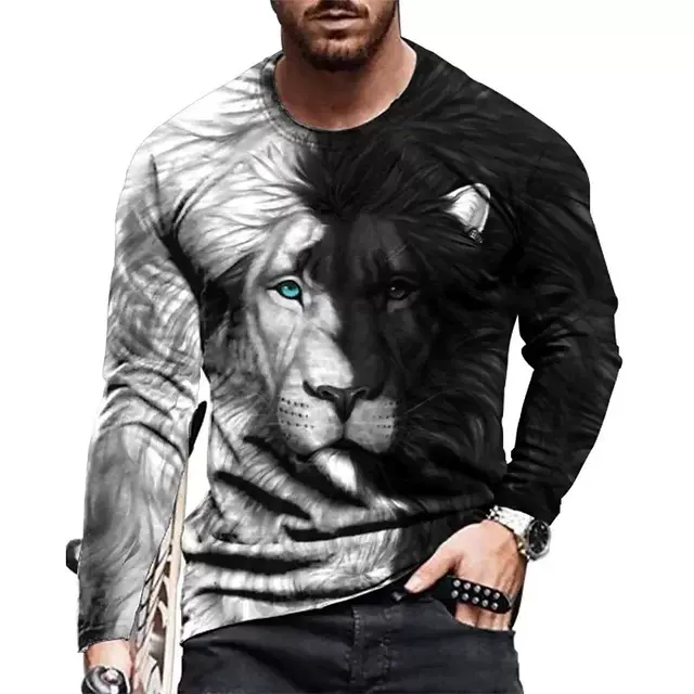 男士T恤2023春季新款长袖T恤男士时尚3D数码印花街头潮流上衣